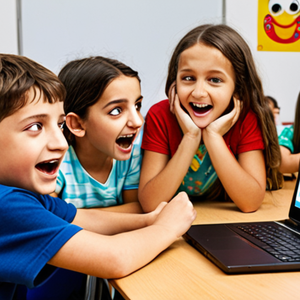 **

A group of Italian children enthusiastically creating interactive stories with Scratch on laptops in a bright, modern classroom. Focus on their expressions of joy and the colorful visual blocks on the screens. Maybe include a poster referencing an Italian folktale or historical figure.

**