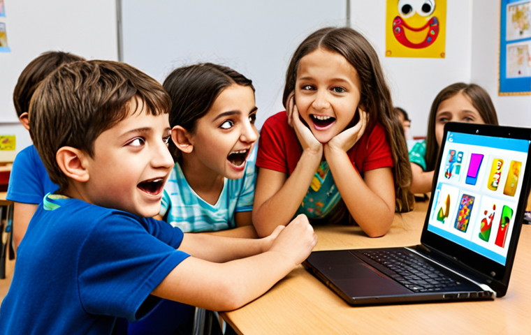 **
A group of Italian children enthusiastically creating interactive stories with Scratch on laptops in a bright, modern classroom. Focus on their expressions of joy and the colorful visual blocks on the screens. Maybe include a poster referencing an Italian folktale or historical figure.
**