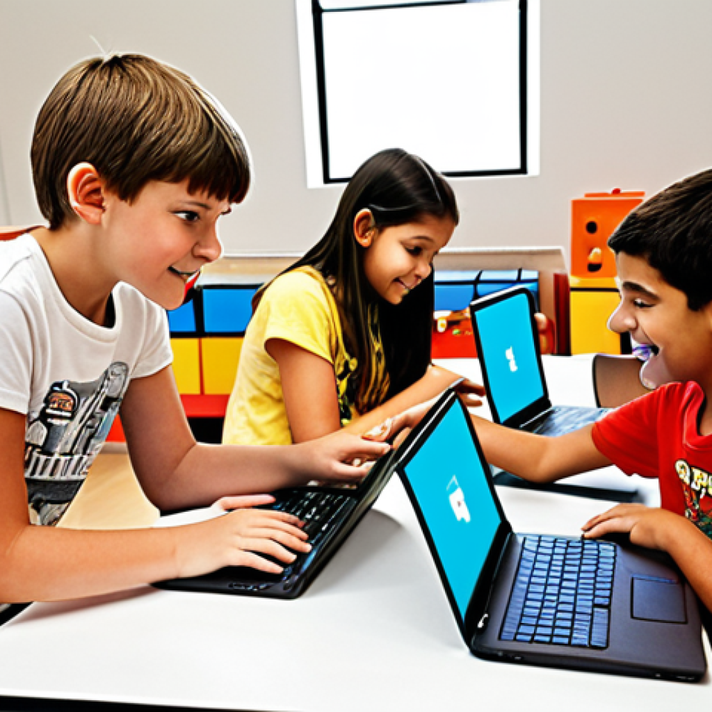 **Kids coding with Scratch: A brightly lit, colorful room with children (ages 8-12) enthusiastically working on laptops, using Scratch's block-based interface. One child is explaining their project to another, fostering teamwork. Toys and creative projects surround them. The overall atmosphere is fun and engaging.**