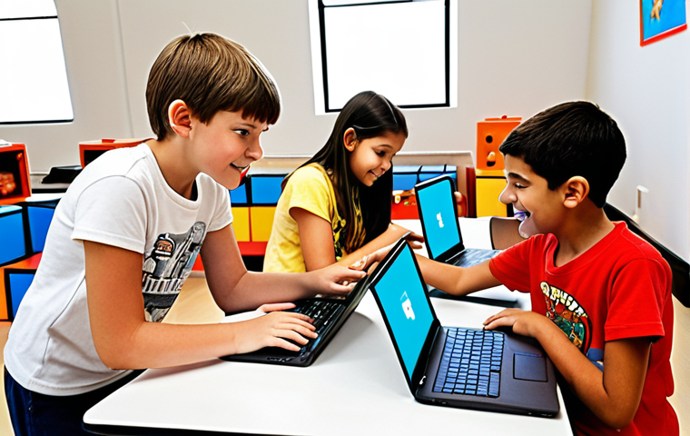 **Kids coding with Scratch: A brightly lit, colorful room with children (ages 8-12) enthusiastically working on laptops, using Scratch's block-based interface. One child is explaining their project to another, fostering teamwork. Toys and creative projects surround them. The overall atmosphere is fun and engaging.**