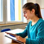 A bright-eyed Italian teenager, fully clothed in modest, modern casual wear, enthusiastically engaging with a visual programming interface on a tablet. They are sitting comfortably at a sleek, minimalist desk in a modern Italian classroom, bathed in natural light. Colorful, abstract digital art is visible on the wall in the background. Perfect anatomy, correct proportions, natural pose, well-formed hands, proper finger count, sharp focus, professional photography, high quality, vibrant colors, clear composition, safe for work, appropriate content, fully clothed, family-friendly.
