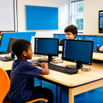 A diverse group of enthusiastic children, aged 8-12, fully clothed in modest, age-appropriate casual attire, are actively engaged in a hands-on coding lesson. They are seated at modern workstations in a bright, family-friendly classroom, surrounded by colorful visual programming interfaces on computer screens and educational robotic kits. The scene emphasizes their concentration, curiosity, and creativity as they learn problem-solving and computational thinking. Perfect anatomy, correct proportions, natural poses, well-formed hands, proper finger count. Professional photography, high quality, sharp focus, safe for work, appropriate content.