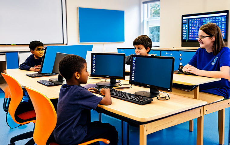 A diverse group of enthusiastic children, aged 8-12, fully clothed in modest, age-appropriate casual attire, are actively engaged in a hands-on coding lesson. They are seated at modern workstations in a bright, family-friendly classroom, surrounded by colorful visual programming interfaces on computer screens and educational robotic kits. The scene emphasizes their concentration, curiosity, and creativity as they learn problem-solving and computational thinking. Perfect anatomy, correct proportions, natural poses, well-formed hands, proper finger count. Professional photography, high quality, sharp focus, safe for work, appropriate content.