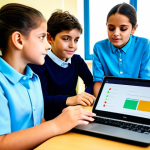 A professional female Italian coding instructor, in a modest light blue shirt and dark trousers, gently guiding a diverse group of elementary school children, fully clothed, as they engage with small, colorful educational robots and laptops in a bright, modern Italian classroom. The children, wearing appropriate attire, are focused and excited, with well-formed hands on keyboards. The room features educational posters on the walls and natural light streaming through large windows. Perfect anatomy, correct proportions, natural pose, professional photography, high quality, safe for work, appropriate content, family-friendly.