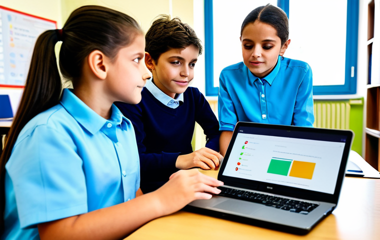 A professional female Italian coding instructor, in a modest light blue shirt and dark trousers, gently guiding a diverse group of elementary school children, fully clothed, as they engage with small, colorful educational robots and laptops in a bright, modern Italian classroom. The children, wearing appropriate attire, are focused and excited, with well-formed hands on keyboards. The room features educational posters on the walls and natural light streaming through large windows. Perfect anatomy, correct proportions, natural pose, professional photography, high quality, safe for work, appropriate content, family-friendly.