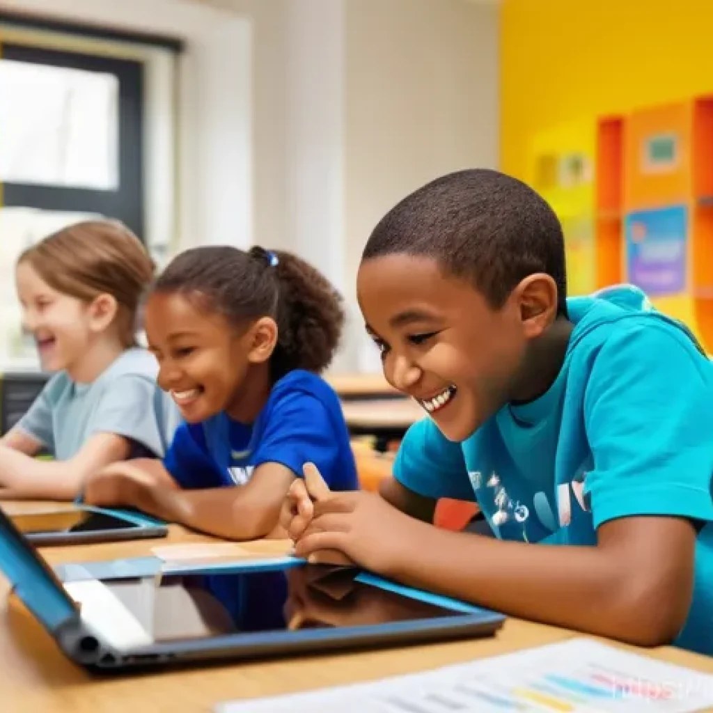 코딩교육지도사와 학습 동기 부여 사례 - A group of cheerful children, aged 8-12, are actively engaged in a coding workshop. They are seated ...