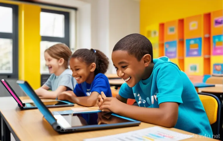 코딩교육지도사와 학습 동기 부여 사례 - A group of cheerful children, aged 8-12, are actively engaged in a coding workshop. They are seated ...