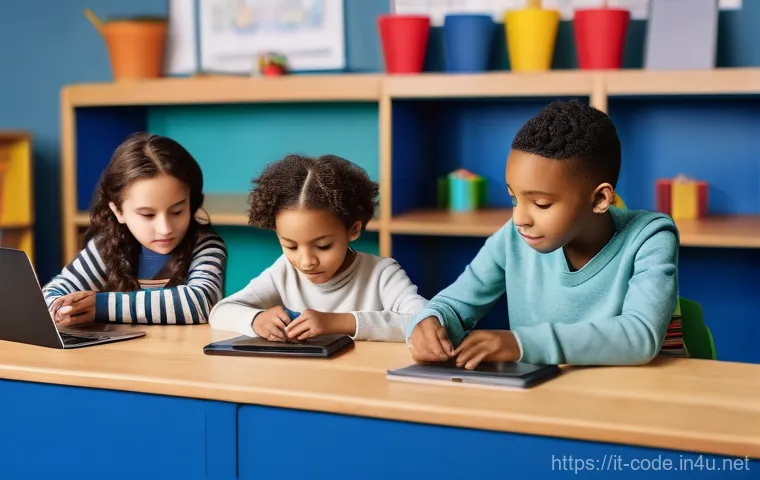 코딩교육지도사와 학습 지원 사례 - **Prompt:** A vibrant and engaging coding workshop for diverse elementary school children, aged 8-