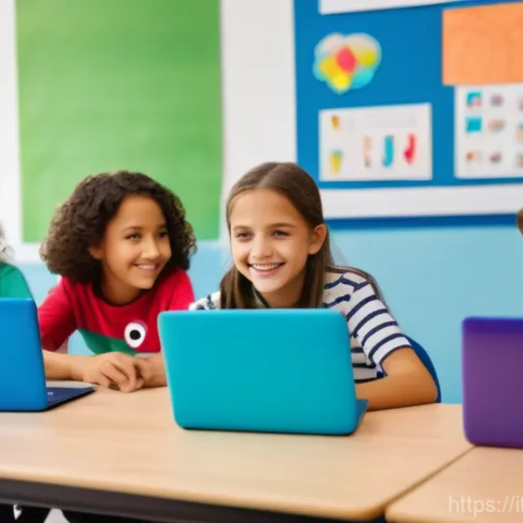 코딩교육지도사와 데이터 시각화 교육 - A group of diverse Italian children, aged 8-12, are excitedly learning to code in a brightly lit, mo...