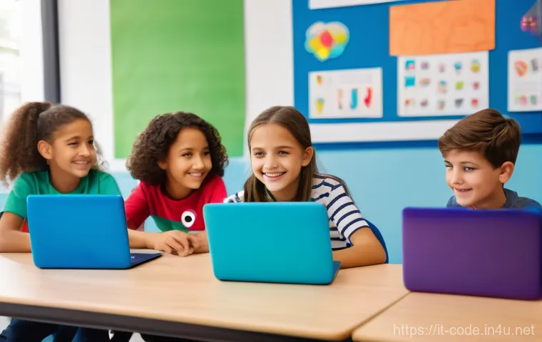 코딩교육지도사와 데이터 시각화 교육 - A group of diverse Italian children, aged 8-12, are excitedly learning to code in a brightly lit, mo...