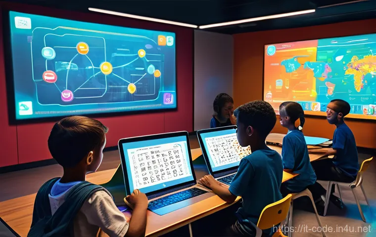 코딩교육지도사로서 학생 수준별 교육 전략 - **Prompt 1: The Gamified Coding Adventure**
    A vibrant and energetic scene depicting a diverse gr...