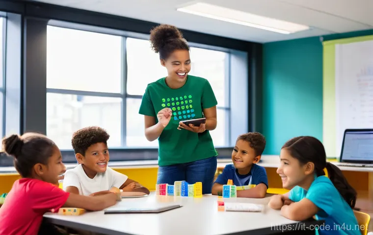 코딩교육지도사와 진로 설계 사례 - **"Inspiring Future Coders"**
A vibrant and dynamic classroom scene with a diverse group of stud...