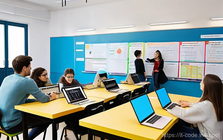 코딩교육지도사로서 학생들과의 소통법 - **A Vibrant and Inclusive Italian Coding Classroom.**
A bright, modern classroom in Italy, fille...