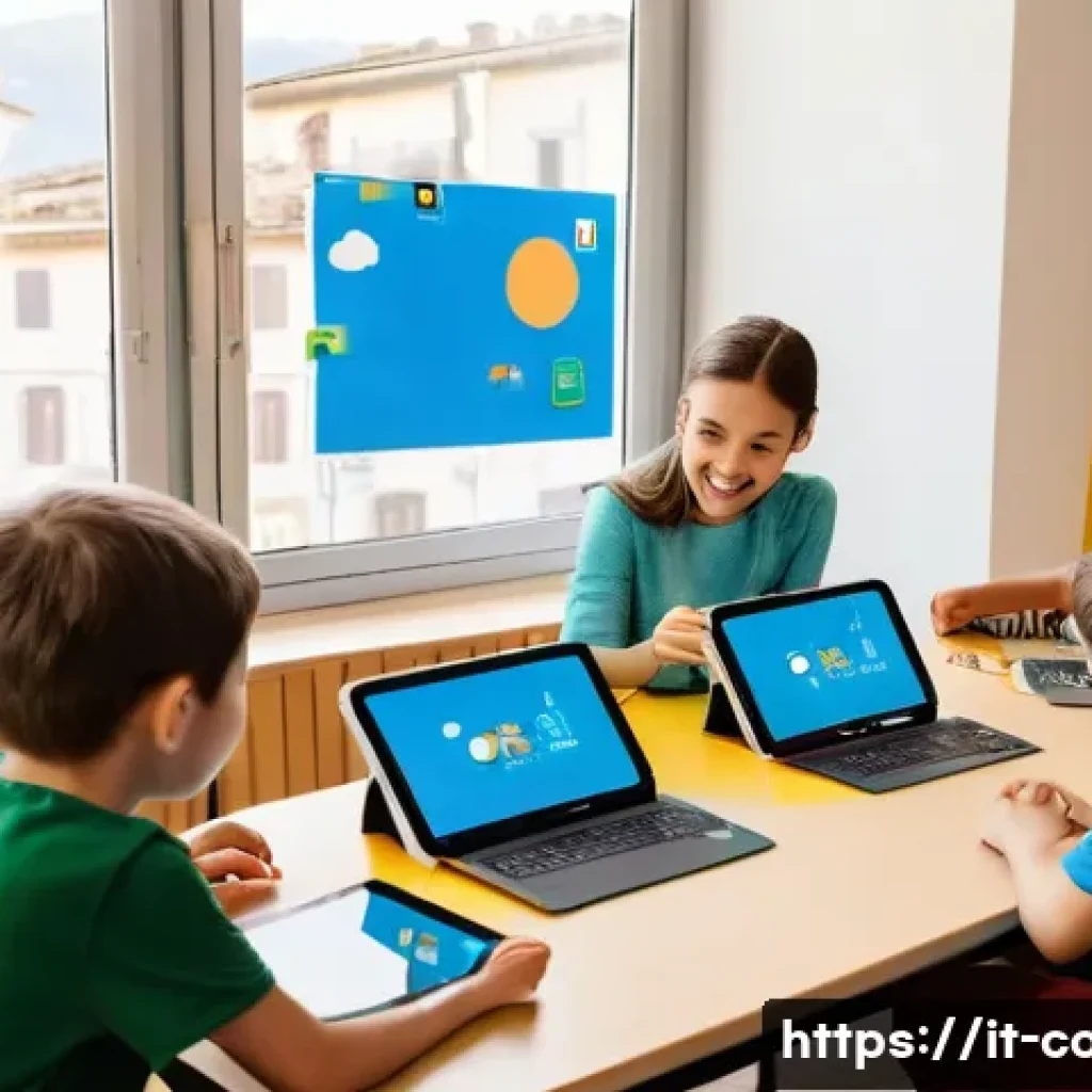 코딩교육지도사와 초보자를 위한 교육 프로그램 - **Prompt:** A vibrant and joyful scene inside an Italian CoderDojo classroom. Children, aged 6-12, f...