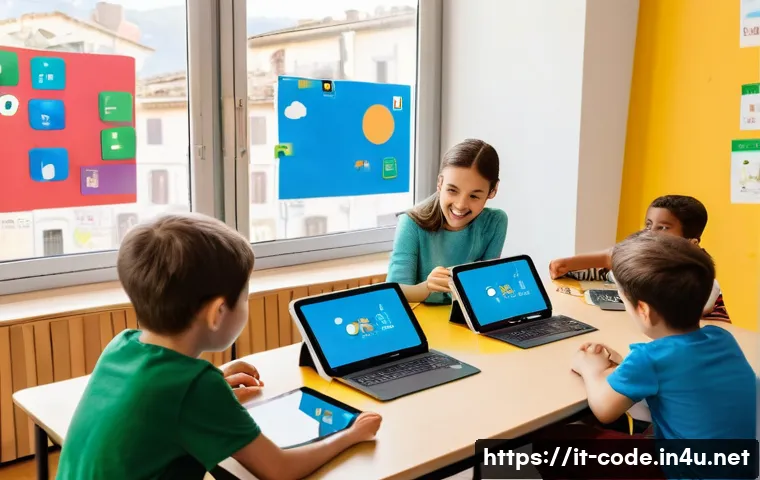 코딩교육지도사와 초보자를 위한 교육 프로그램 - **Prompt:** A vibrant and joyful scene inside an Italian CoderDojo classroom. Children, aged 6-12, f...