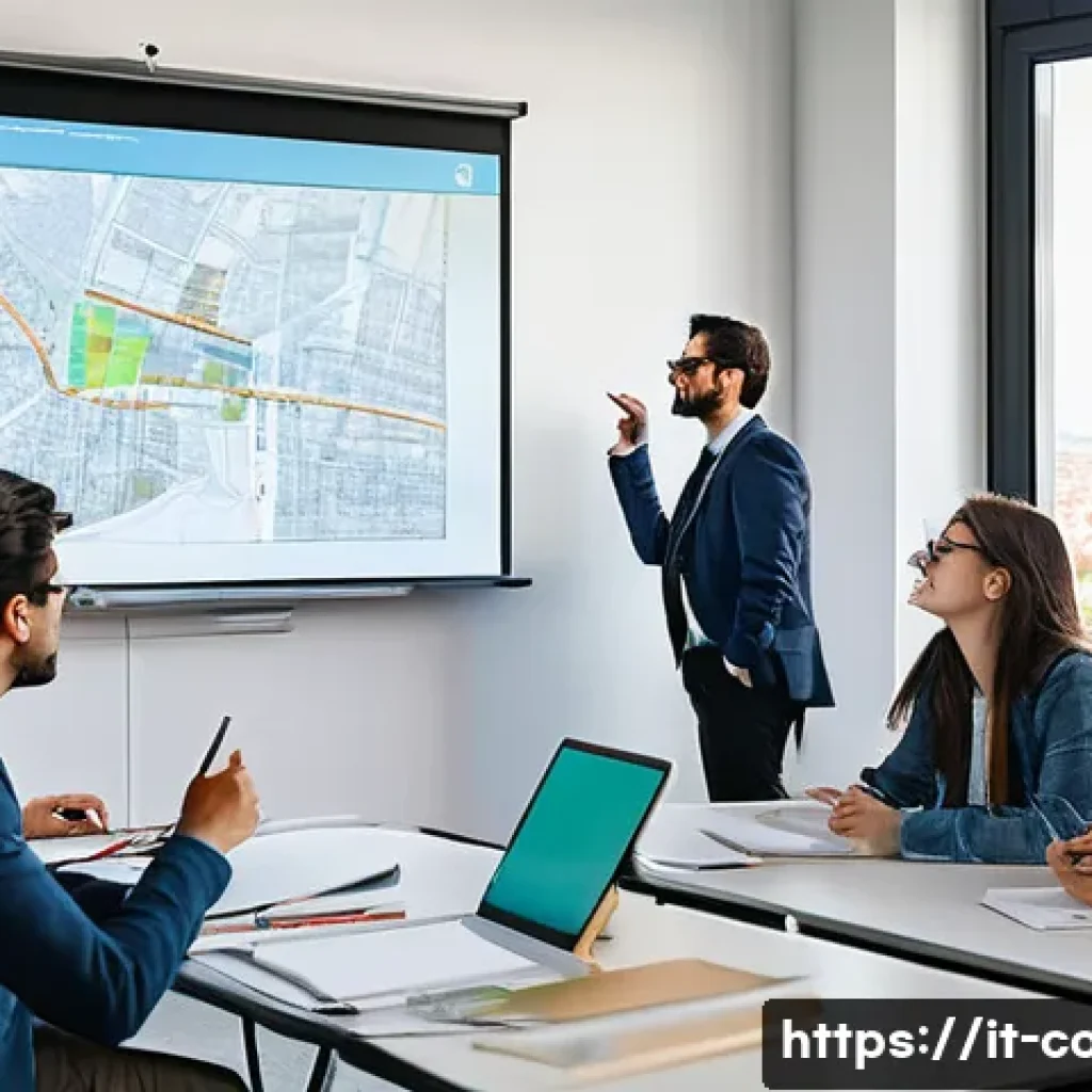 코딩교육지도사와 교육 철학 사례 - He gestures towards an interactive whiteboard displaying a complex but visually engaging digital pro...