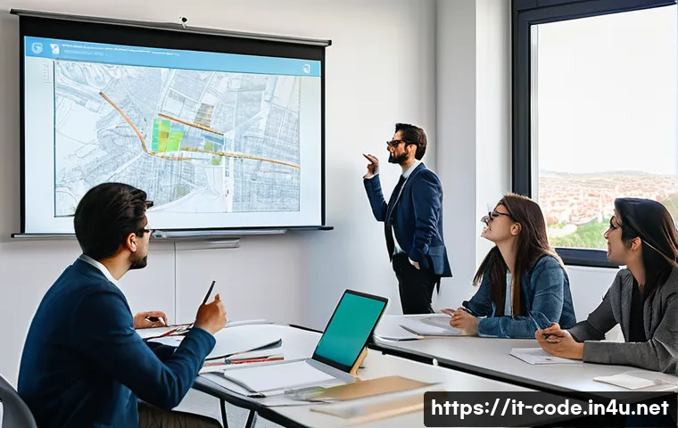코딩교육지도사와 교육 철학 사례 - He gestures towards an interactive whiteboard displaying a complex but visually engaging digital pro...