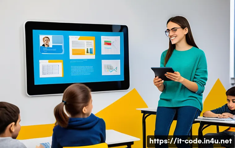 코딩교육지도사와 디지털 학습 자원 - A modern Italian classroom scene with a diverse group of students aged 10-14 engaged in interactive ...