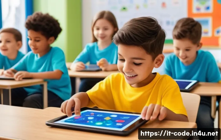 코딩교육지도사와 코딩 교육의 미래 전망 - A vibrant classroom scene in an Italian elementary school where young children, wearing casual cloth...