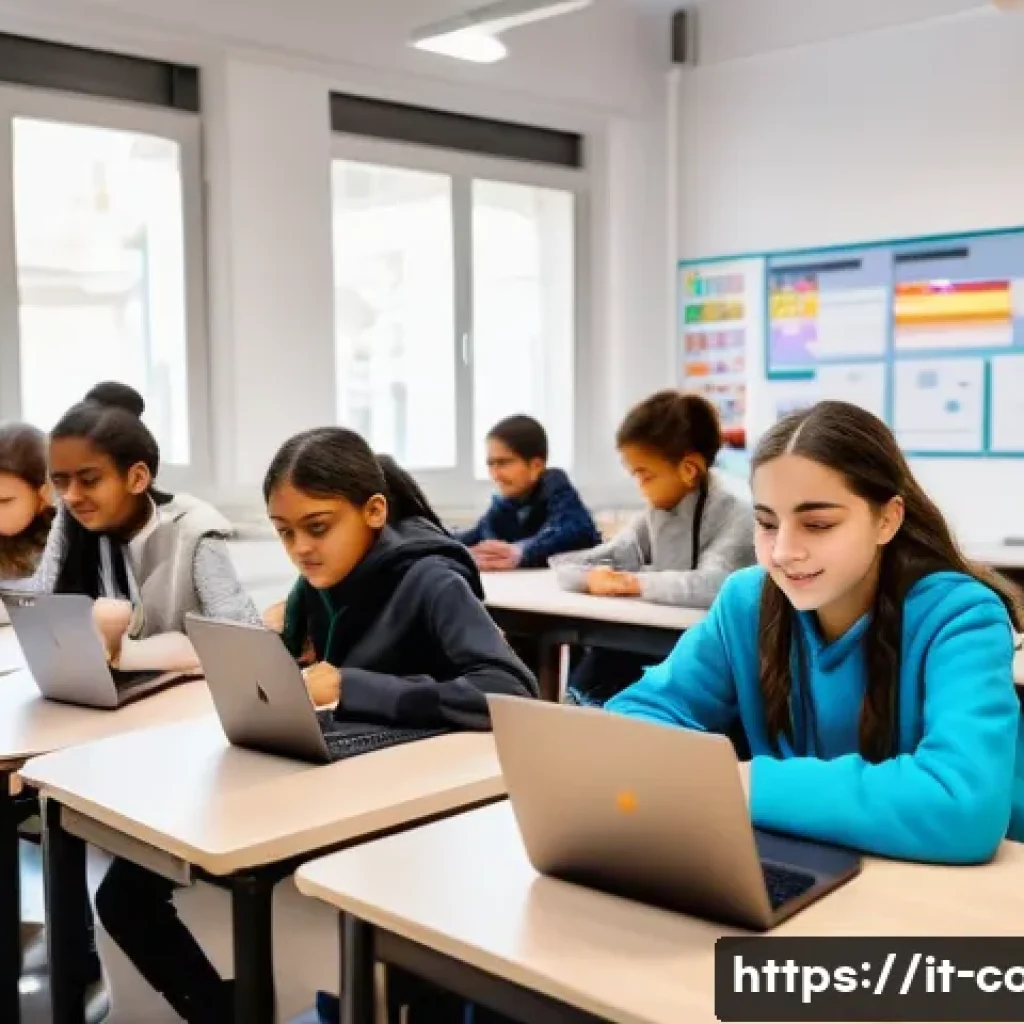 코딩교육지도사와 창업 지원 사례 - A modern classroom scene in an Italian school focused on digital education: diverse students aged ar...