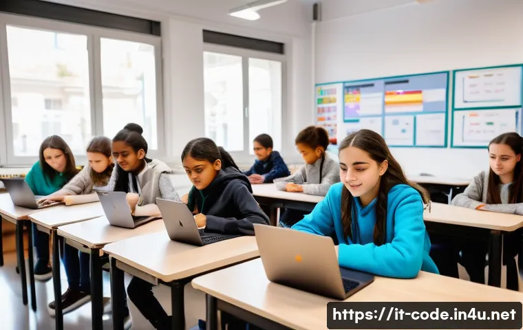 코딩교육지도사와 창업 지원 사례 - A modern classroom scene in an Italian school focused on digital education: diverse students aged ar...