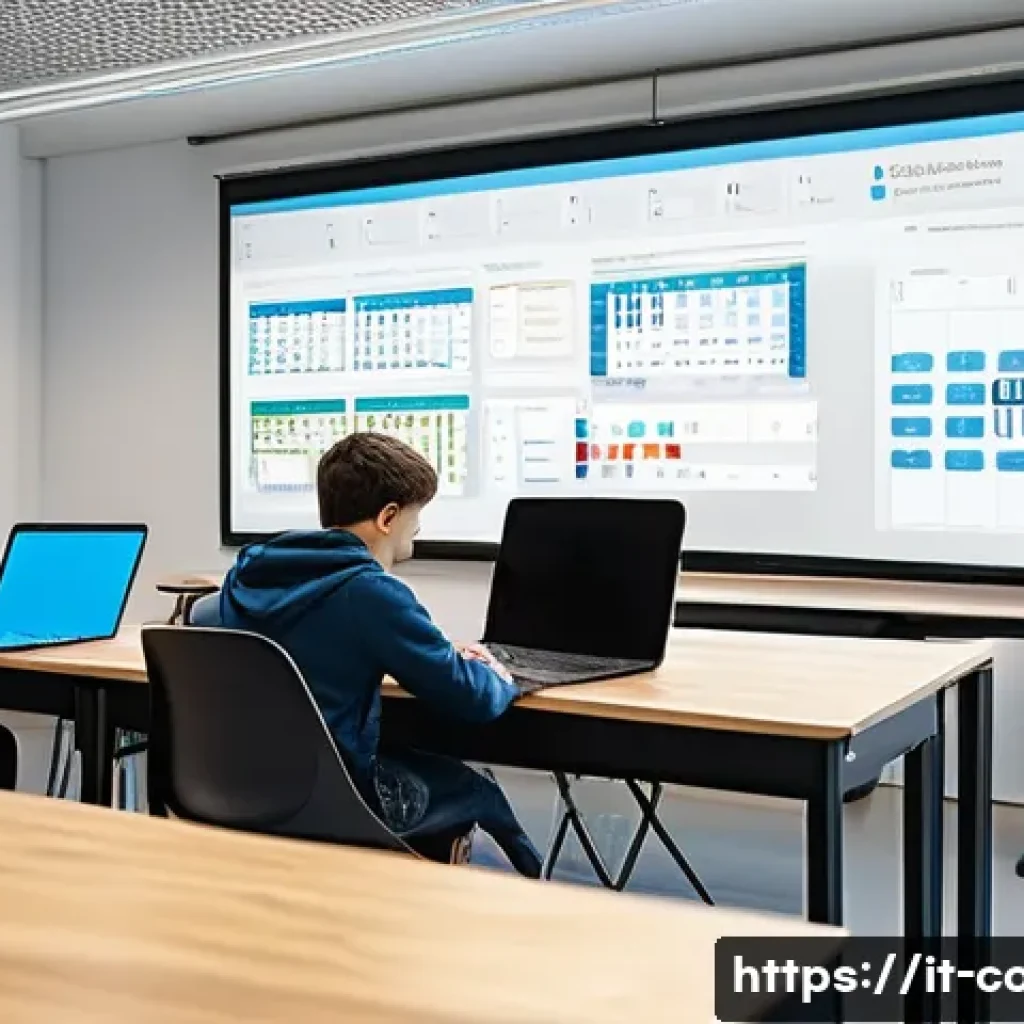 코딩교육지도사와 업무 시간 관리 노하우 - A modern Italian coding classroom scene showing a diverse group of students attentively working on l...