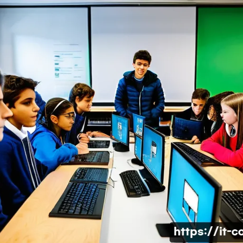 코딩교육지도사 교육에 적합한 소프트웨어 - A vibrant classroom scene in an Italian primary school, where diverse young students aged around 8-1...