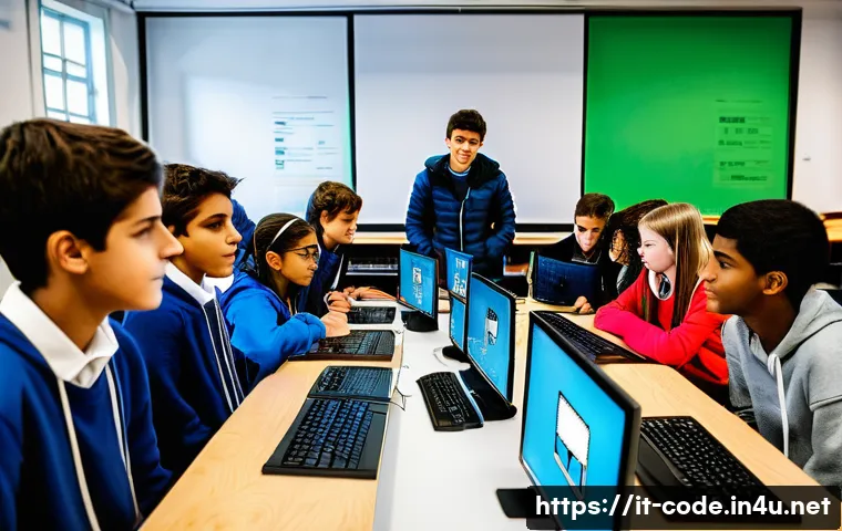 코딩교육지도사 교육에 적합한 소프트웨어 - A vibrant classroom scene in an Italian primary school, where diverse young students aged around 8-1...