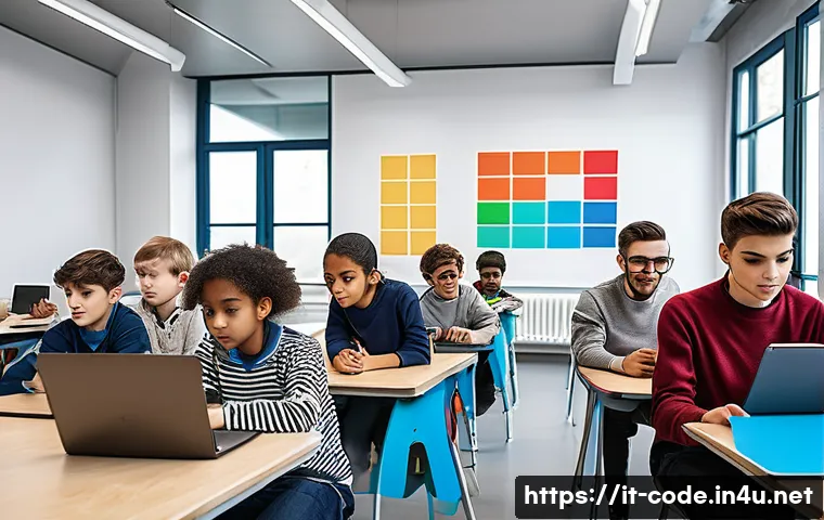 코딩교육지도사와 학생 동기 부여 기법 - A diverse group of Italian students in a modern classroom setting, each engaged in different learnin...