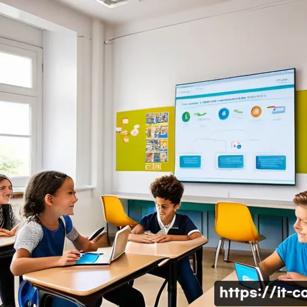 코딩교육지도사와 에듀테크 산업 연계 - A bright, modern classroom in Italy with diverse elementary school children engaged in interactive c...