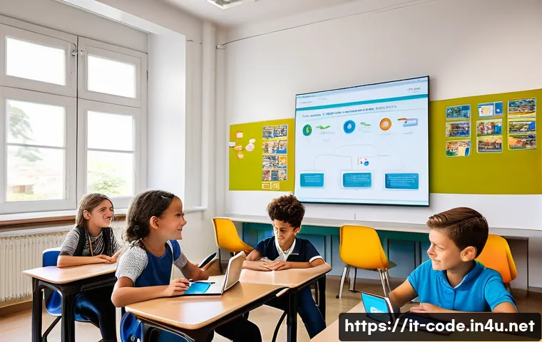 코딩교육지도사와 에듀테크 산업 연계 - A bright, modern classroom in Italy with diverse elementary school children engaged in interactive c...