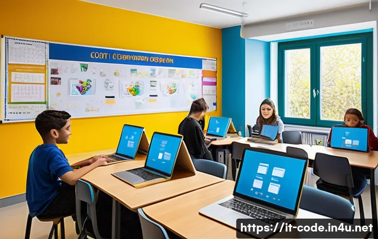 코딩교육지도사와 교육 심리학의 접목 - A vibrant, modern classroom designed for coding education in Italy, featuring colorful walls with ed...