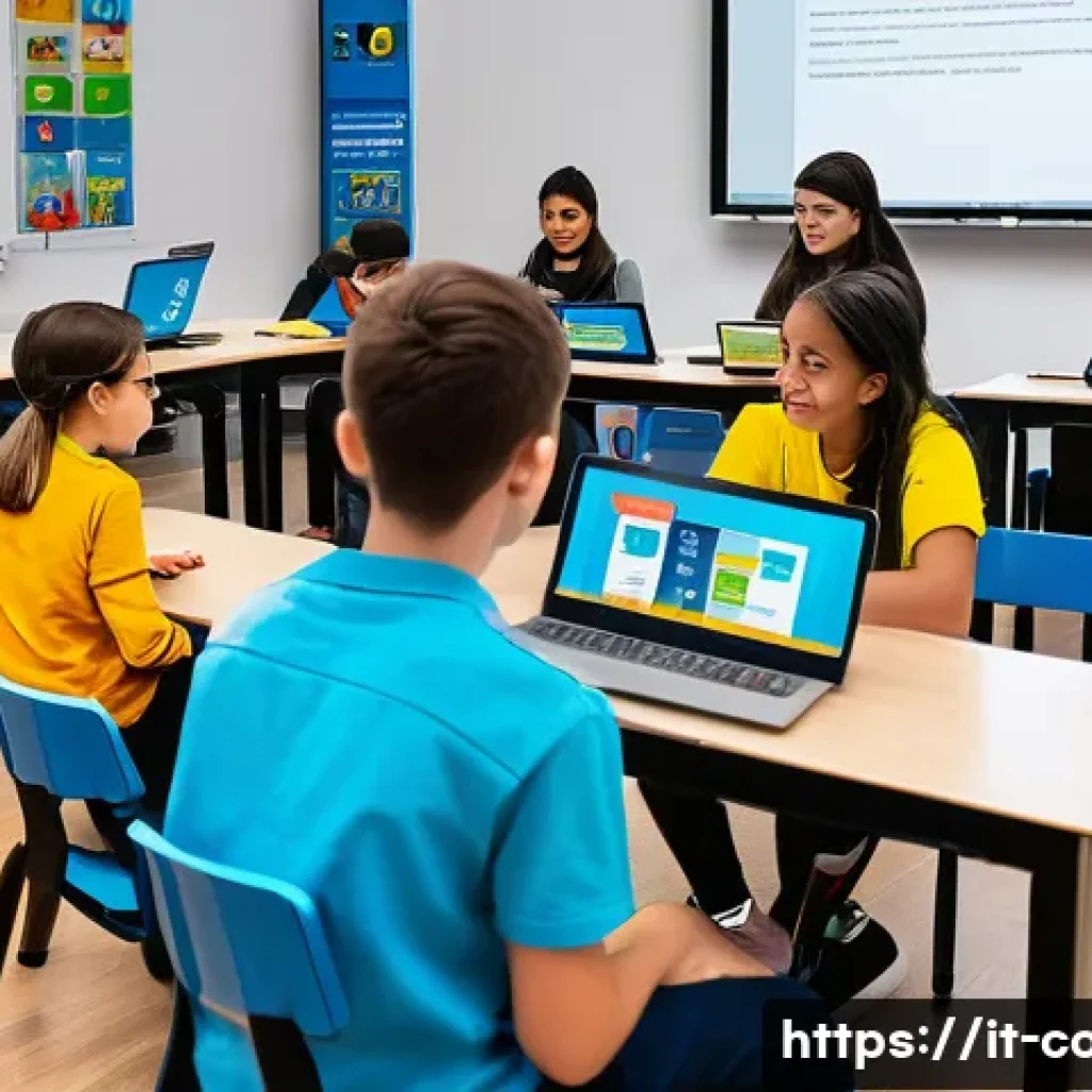 코딩교육지도사와 코딩 교육의 발전 전망 - A vibrant classroom scene in an Italian school featuring diverse students aged around 12-15 engaged ...