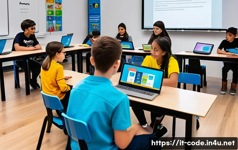 코딩교육지도사와 코딩 교육의 발전 전망 - A vibrant classroom scene in an Italian school featuring diverse students aged around 12-15 engaged ...