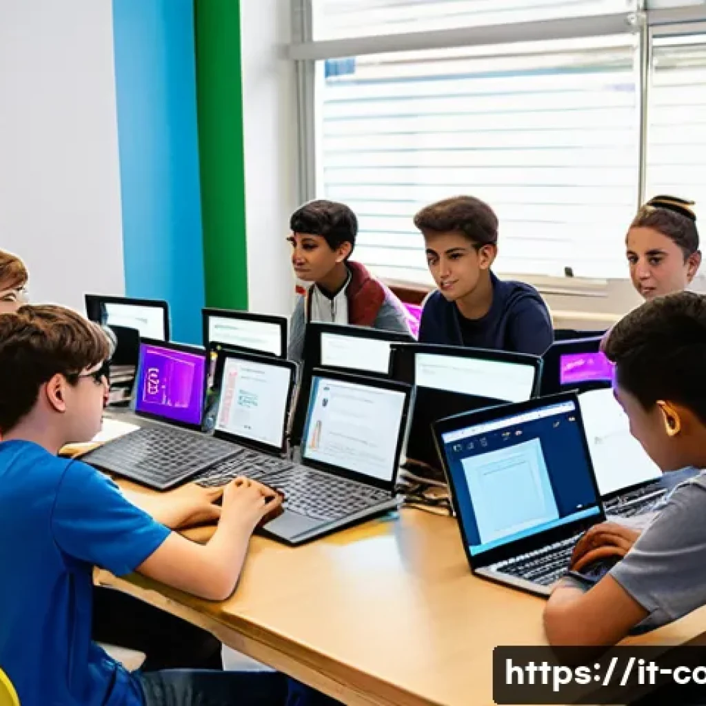 코딩교육지도사로서 맞춤형 교육 과정 설계 - A diverse group of Italian teenagers sitting in a modern classroom setting, each working on individu...