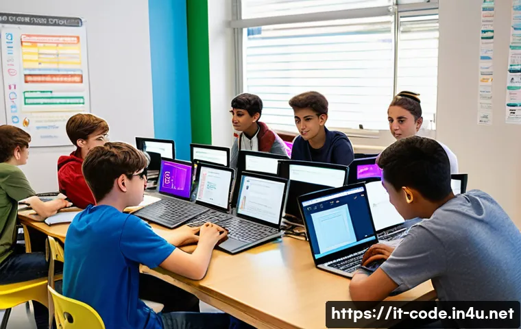 코딩교육지도사로서 맞춤형 교육 과정 설계 - A diverse group of Italian teenagers sitting in a modern classroom setting, each working on individu...