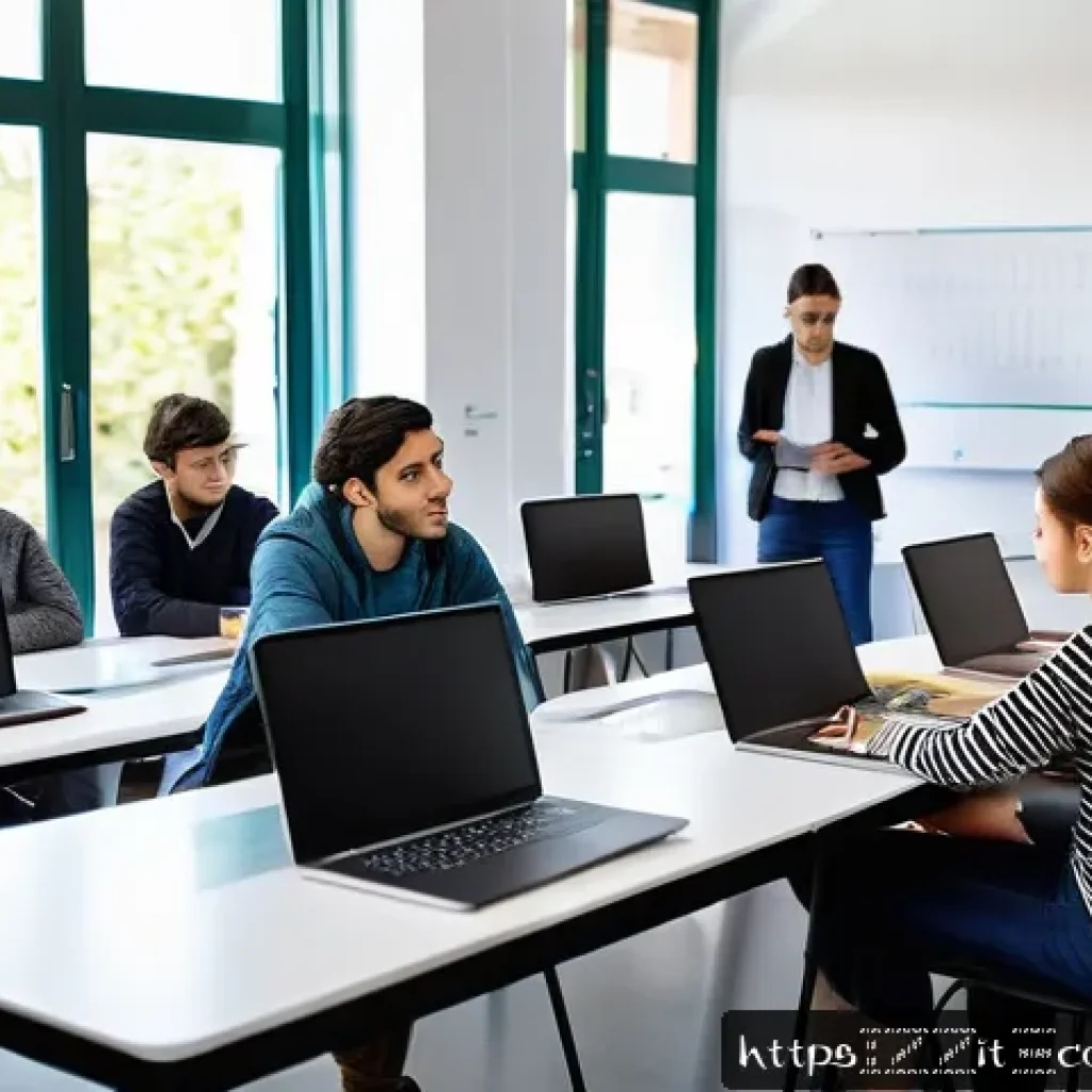 코딩교육지도사로서 팀워크를 강화하는 방법 - A modern classroom scene in Italy with diverse university students collaboratively coding on laptops...