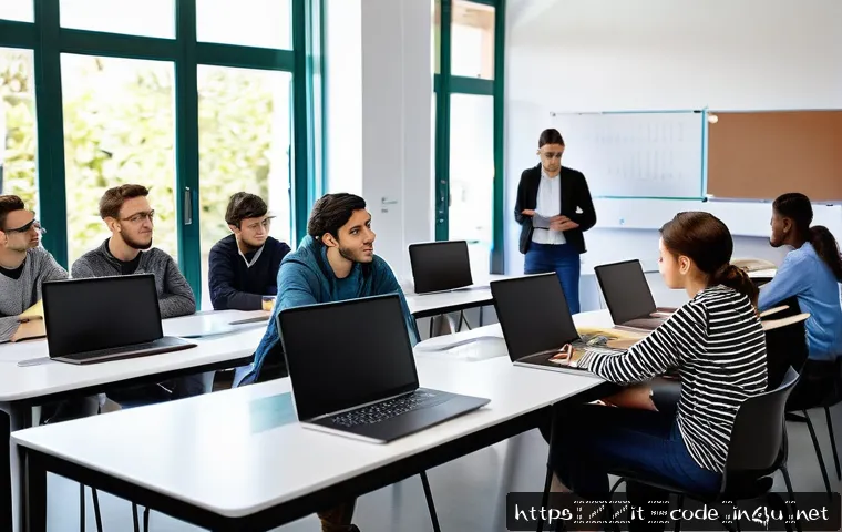 코딩교육지도사로서 팀워크를 강화하는 방법 - A modern classroom scene in Italy with diverse university students collaboratively coding on laptops...