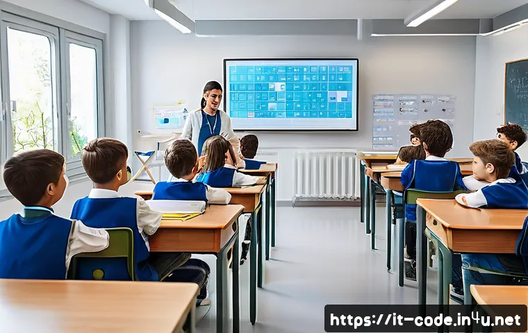 코딩교육지도사 자격증과 미래 직업 변화 - A modern Italian classroom scene with a certified coding educator teaching young students aged 8-12,...