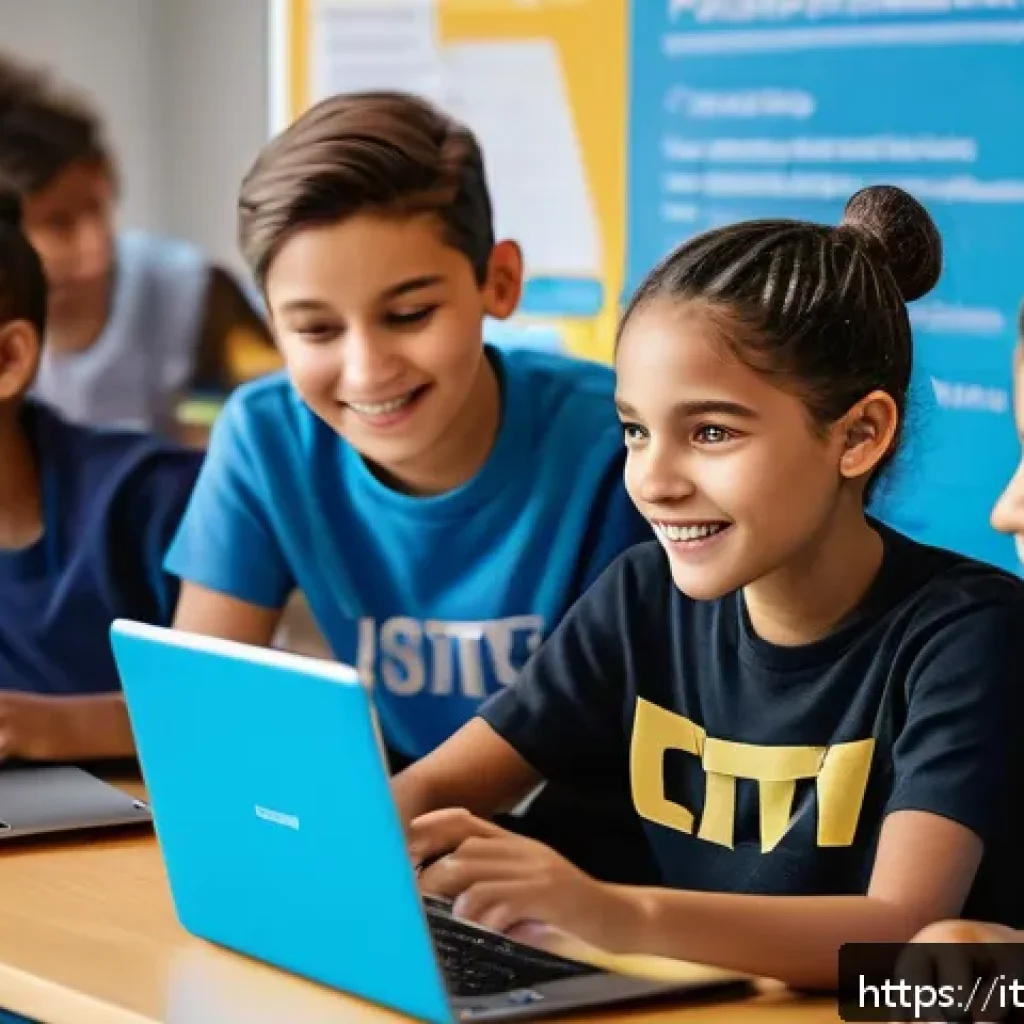 코딩교육지도사와 학습 자료 활용 사례 - A vibrant classroom scene featuring a diverse group of students aged 6 to 16 engaged in coding activ...