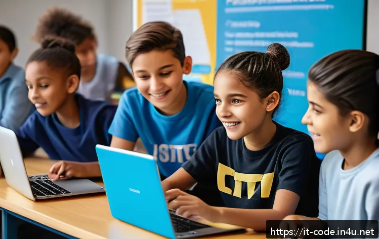 코딩교육지도사와 학습 자료 활용 사례 - A vibrant classroom scene featuring a diverse group of students aged 6 to 16 engaged in coding activ...