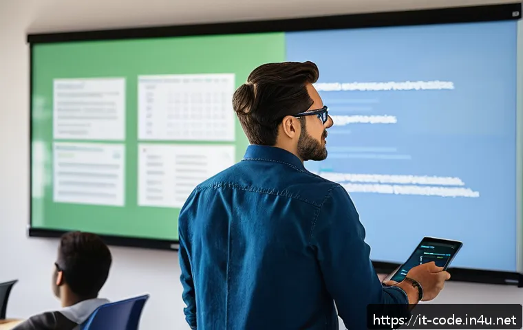 코딩교육지도사 자격증의 가산점 활용 방법 - A modern classroom scene in an Italian tech school featuring a confident coding instructor standing ...