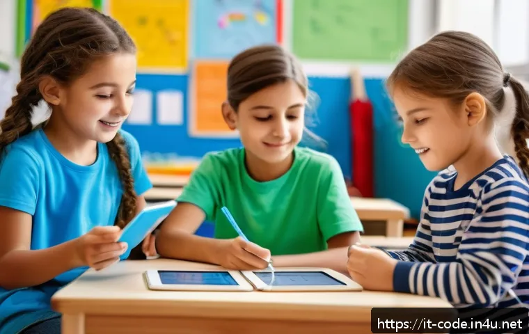 코딩교육지도사와 초등학교 코딩 교육의 연계 - A vibrant elementary school classroom scene in Italy, filled with young children wearing colorful ca...