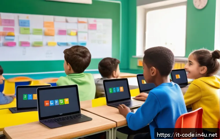 코딩교육지도사로서 활용할 수 있는 무료 자료 - A bright and cheerful classroom scene in an Italian primary school, where diverse young students age...
