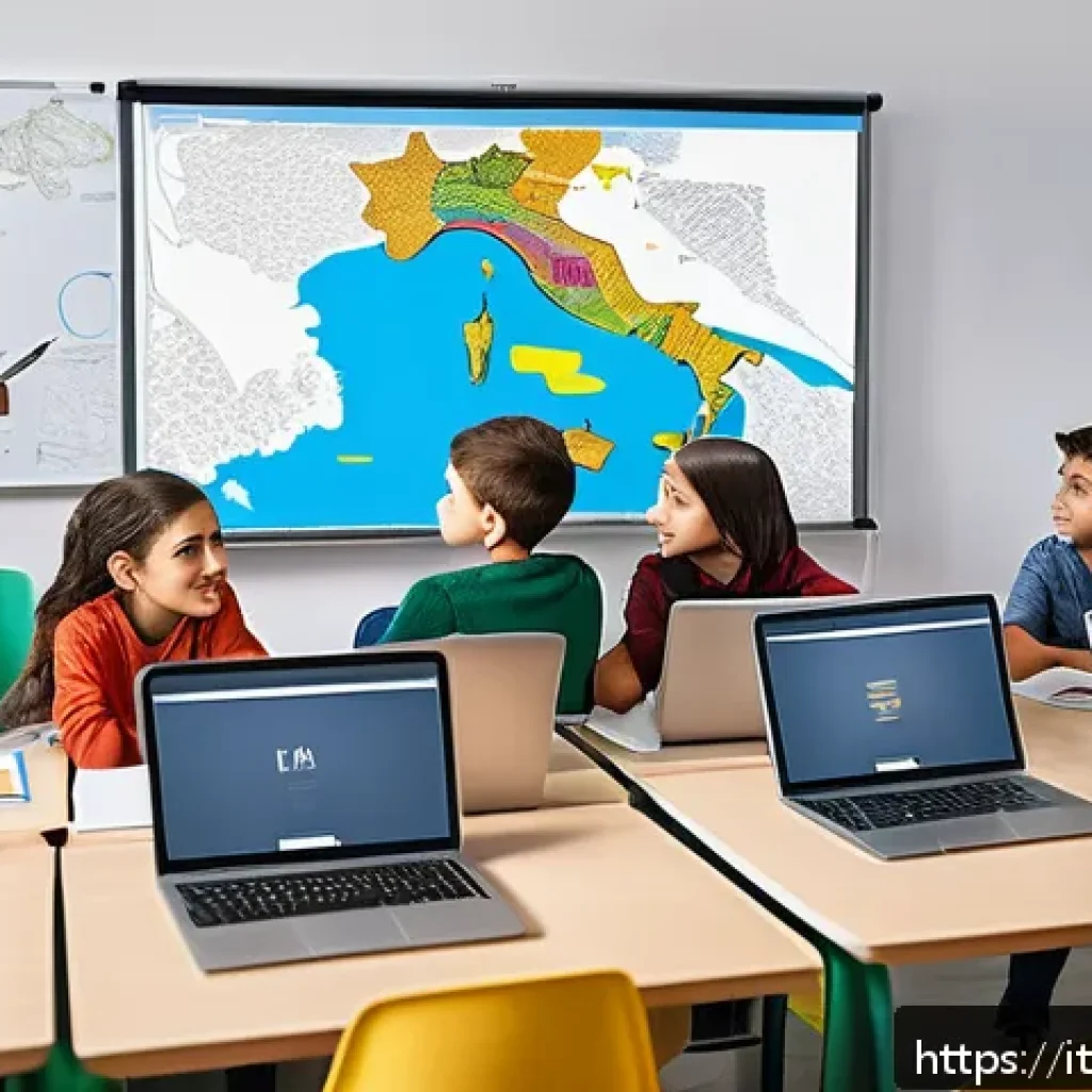 코딩교육지도사 자격증의 시장 가치 - A modern Italian classroom scene showing a diverse group of children aged 8-12 attentively learning ...
