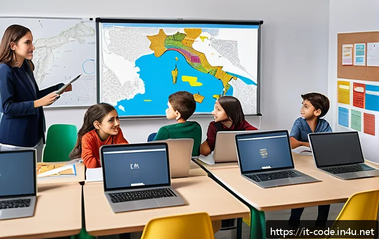 코딩교육지도사 자격증의 시장 가치 - A modern Italian classroom scene showing a diverse group of children aged 8-12 attentively learning ...