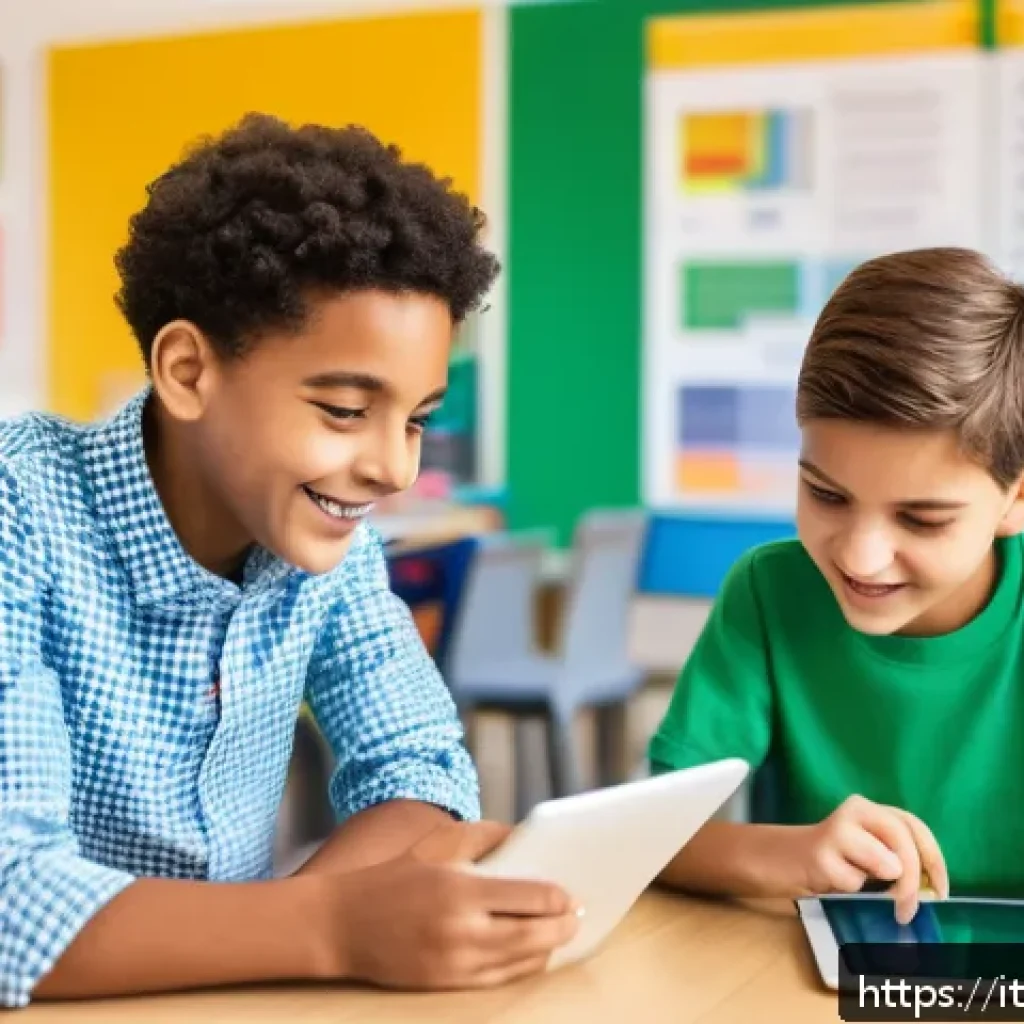 코딩교육지도사와 AI 기반 학습 도구 - A modern Italian classroom scene showing young students engaged in interactive coding lessons using ...