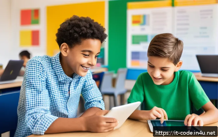 코딩교육지도사와 AI 기반 학습 도구 - A modern Italian classroom scene showing young students engaged in interactive coding lessons using ...