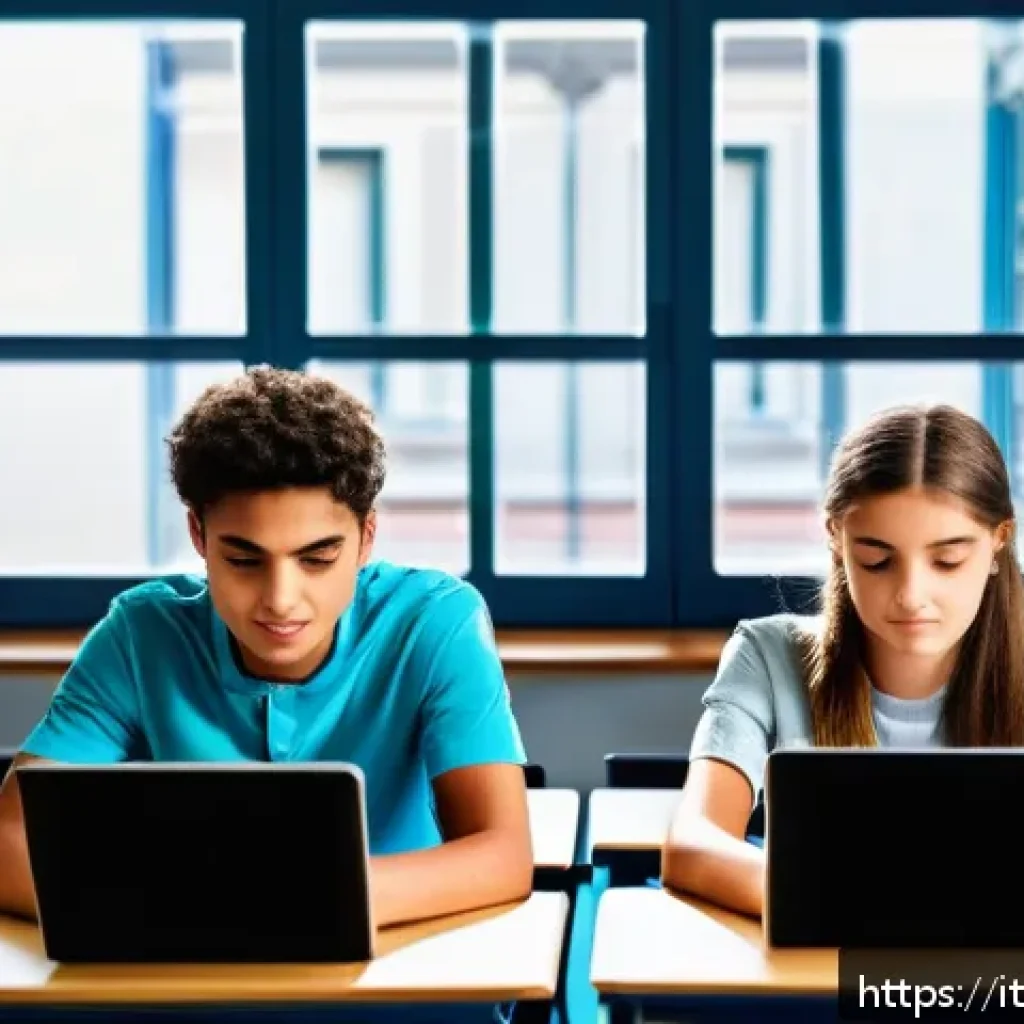 코딩교육지도사와 학습 자료 분석 사례 - A modern digital classroom scene in Italy with diverse students using laptops and tablets, personali...
