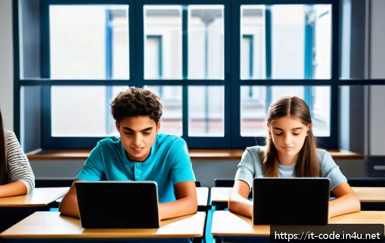 코딩교육지도사와 학습 자료 분석 사례 - A modern digital classroom scene in Italy with diverse students using laptops and tablets, personali...